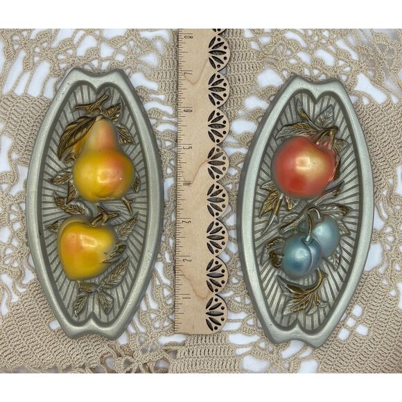 Vintage Lusterware Chalkware Fruit Plaques Wall Decor Kitchen - Picture 6 of 6